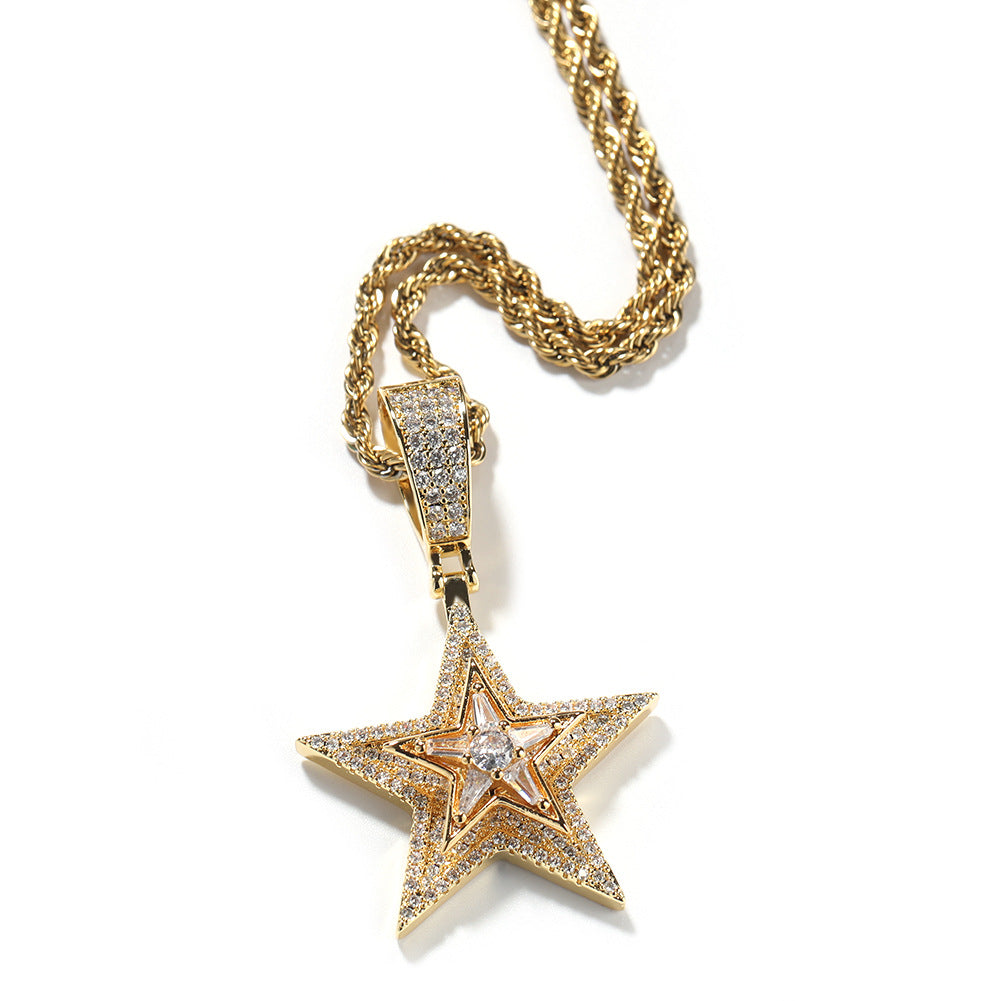 Hip-hop diamond-studded rotating five-pointed star necklace