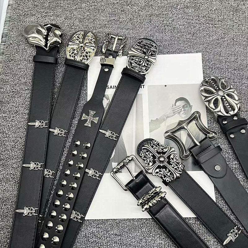 Chrome Hearts Vine Carved Coral Buckle Gothic Studded Leather Belt