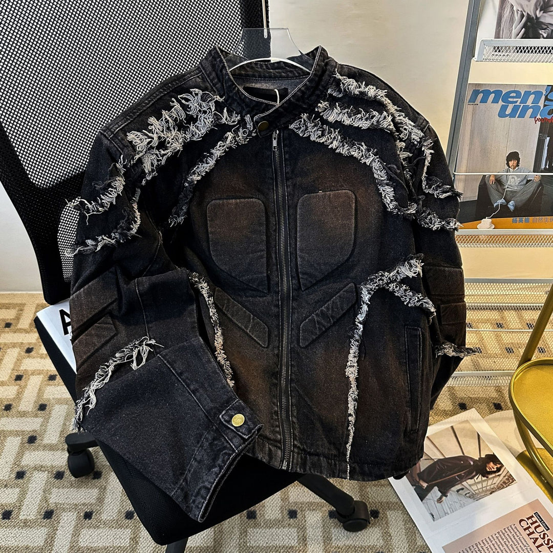 Embossed Raw-Hem Padded-Shoulder Denim Jacket