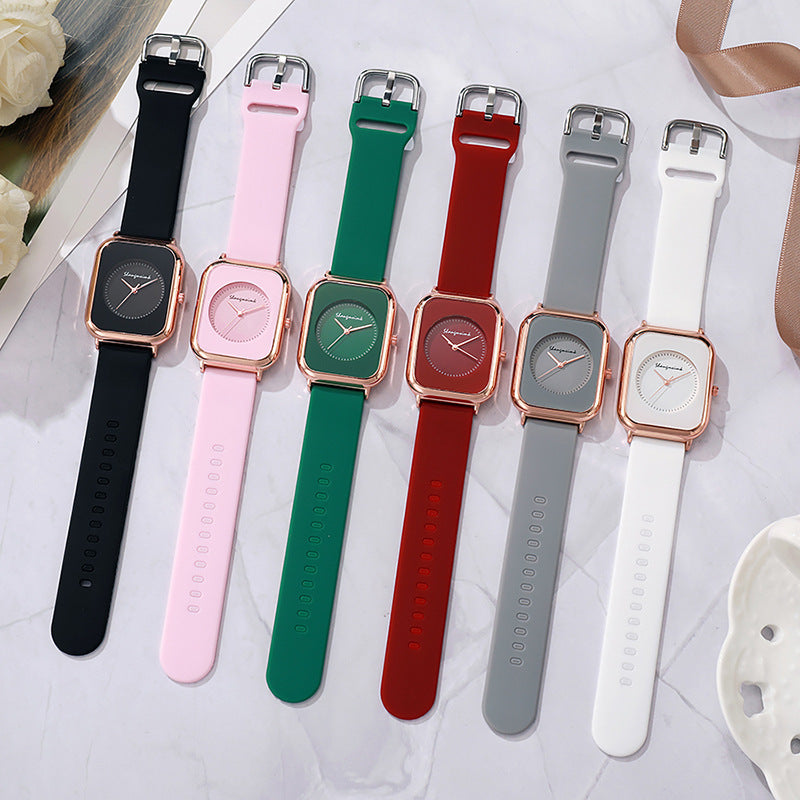 Casual square-shaped, elegant quartz silicone strap student watches.
