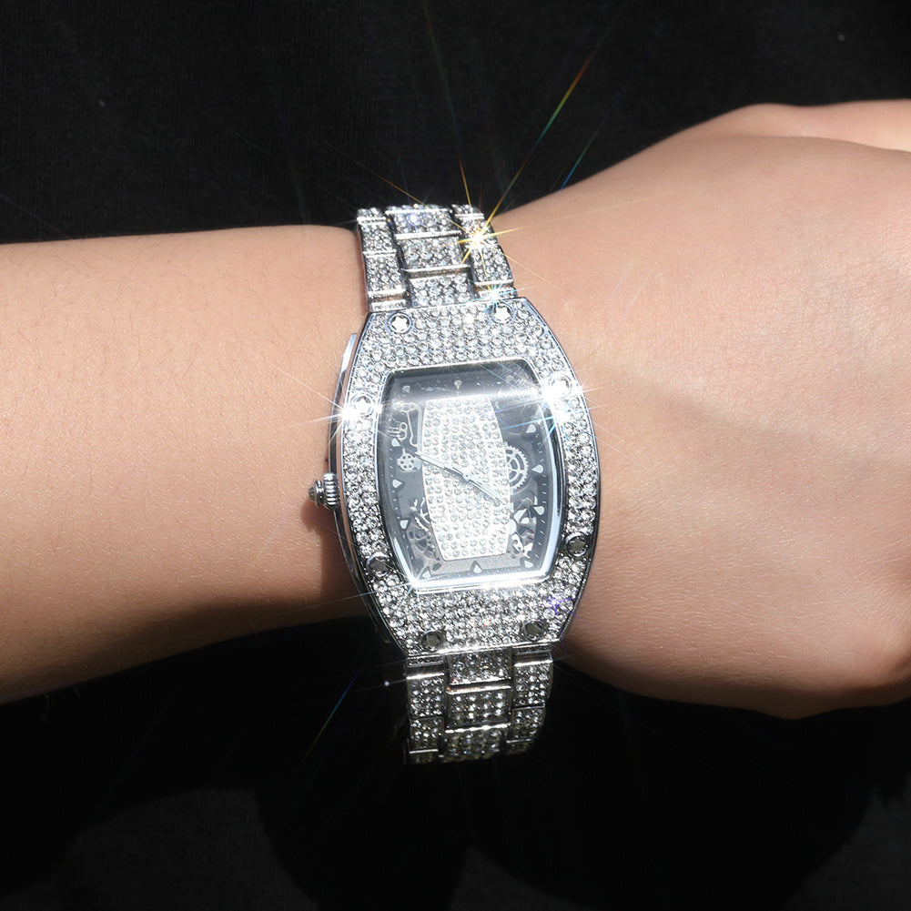 Diamond-set color-blocked hip-hop tonneau-shaped watch