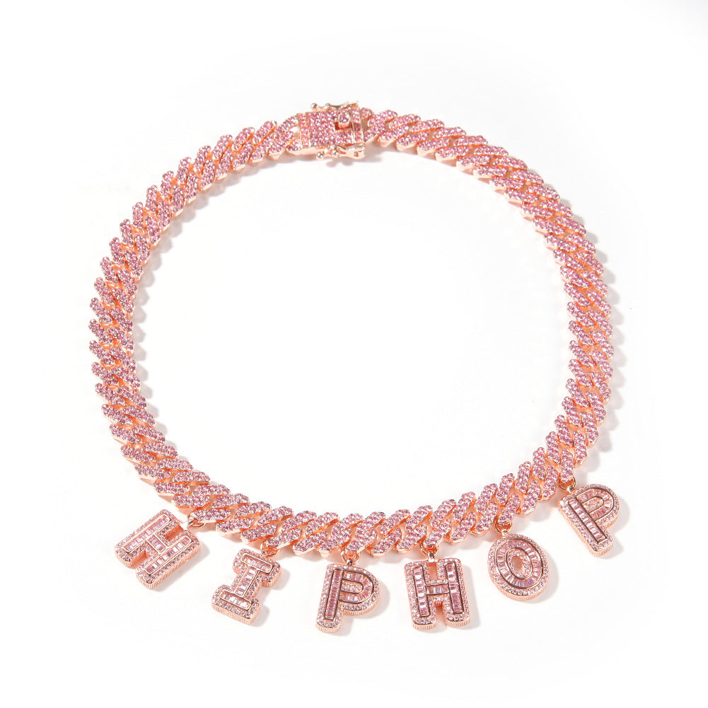 Pink diamond-set custom letter Cuban chain bracelet and necklace
