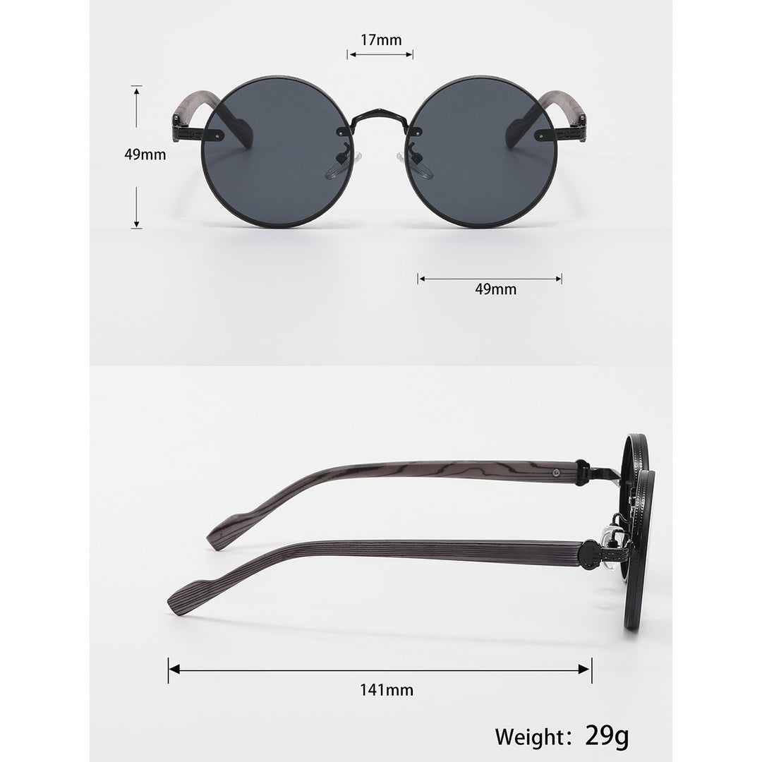 Retro round punk metal sunglasses with wood grain temples