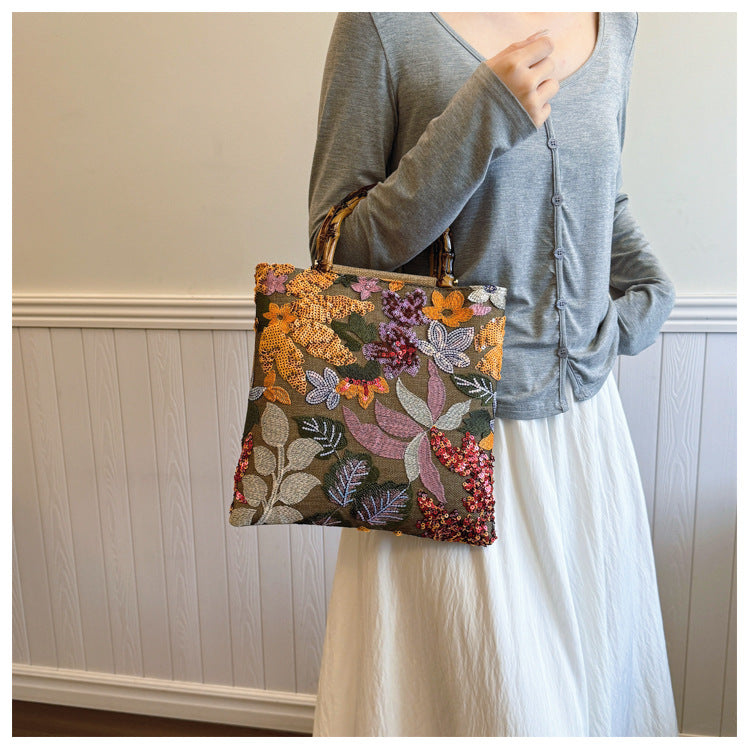 Embroidered sequins linen bamboo handle tote bag