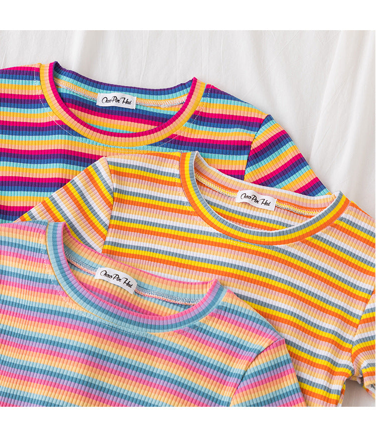 Women's short navel-baring rainbow striped tight T-shirt