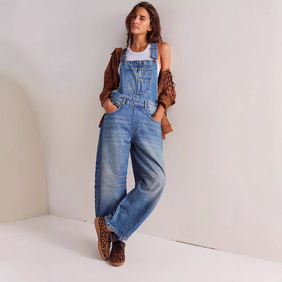 Washed Vintage, Loose-Fit, Straight-Leg Cargo Denim Overalls