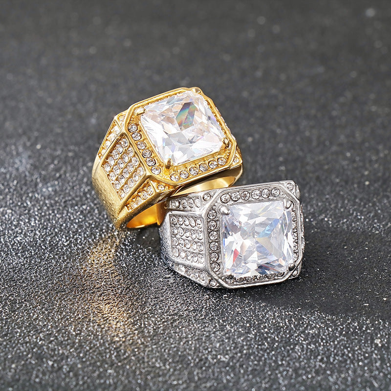 Bold diamond-encrusted titanium steel ring