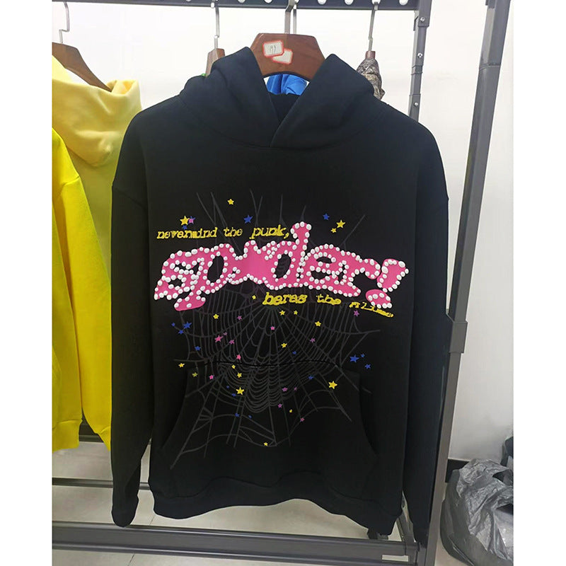 Sp5der fleece-lined hoodie with spiderweb print.