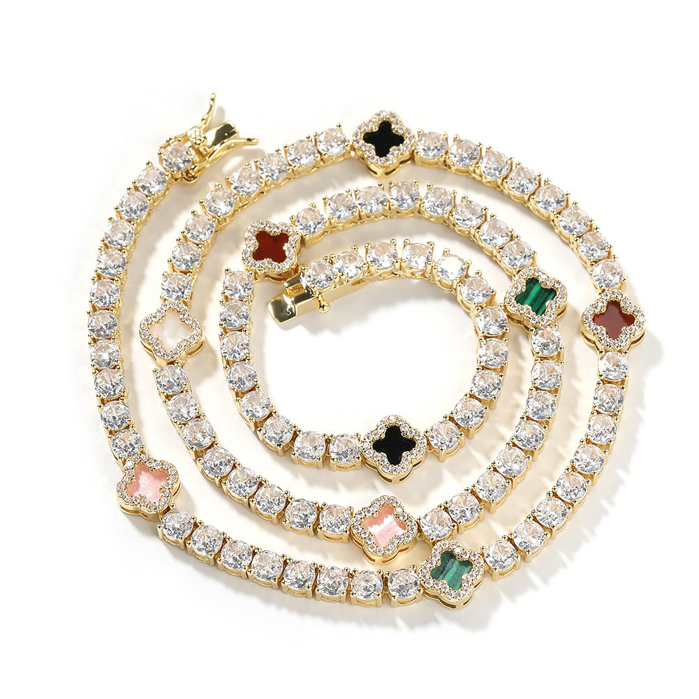 Hip-hop four-leaf clover diamond tennis chain necklace bracelet