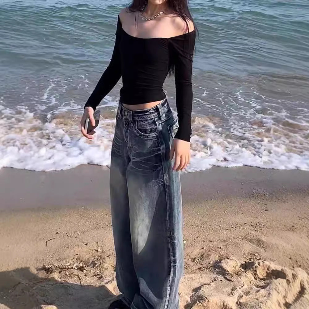 Washed High-Waisted Floor-Length Wide-Leg Jeans for Women