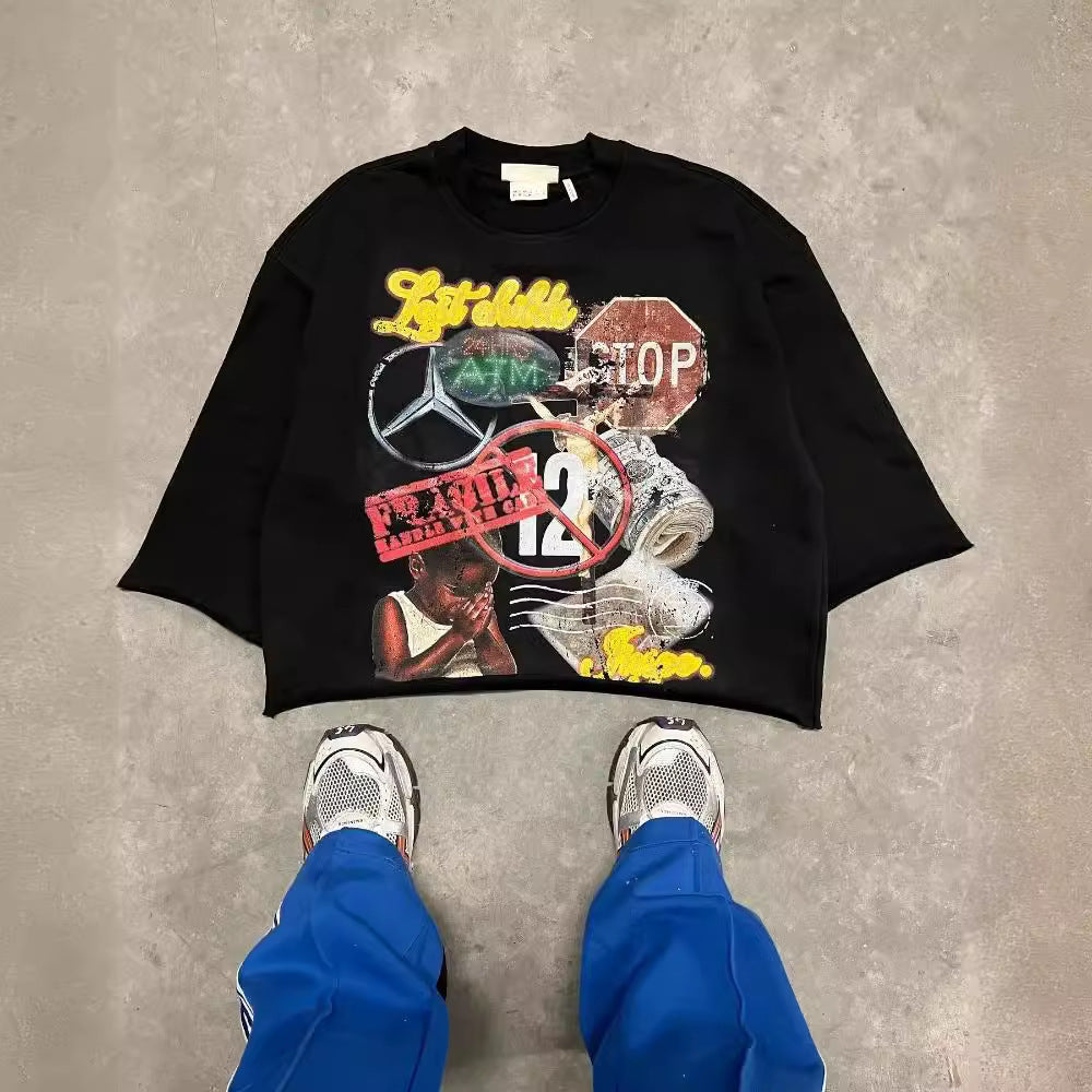 Graffiti print trendy T-shirt, three-quarter sleeve top