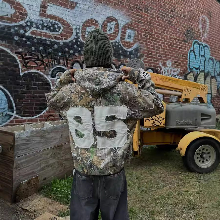 Camouflage cardigan zip-up sweatshirt patchwork letter Y2K jacket