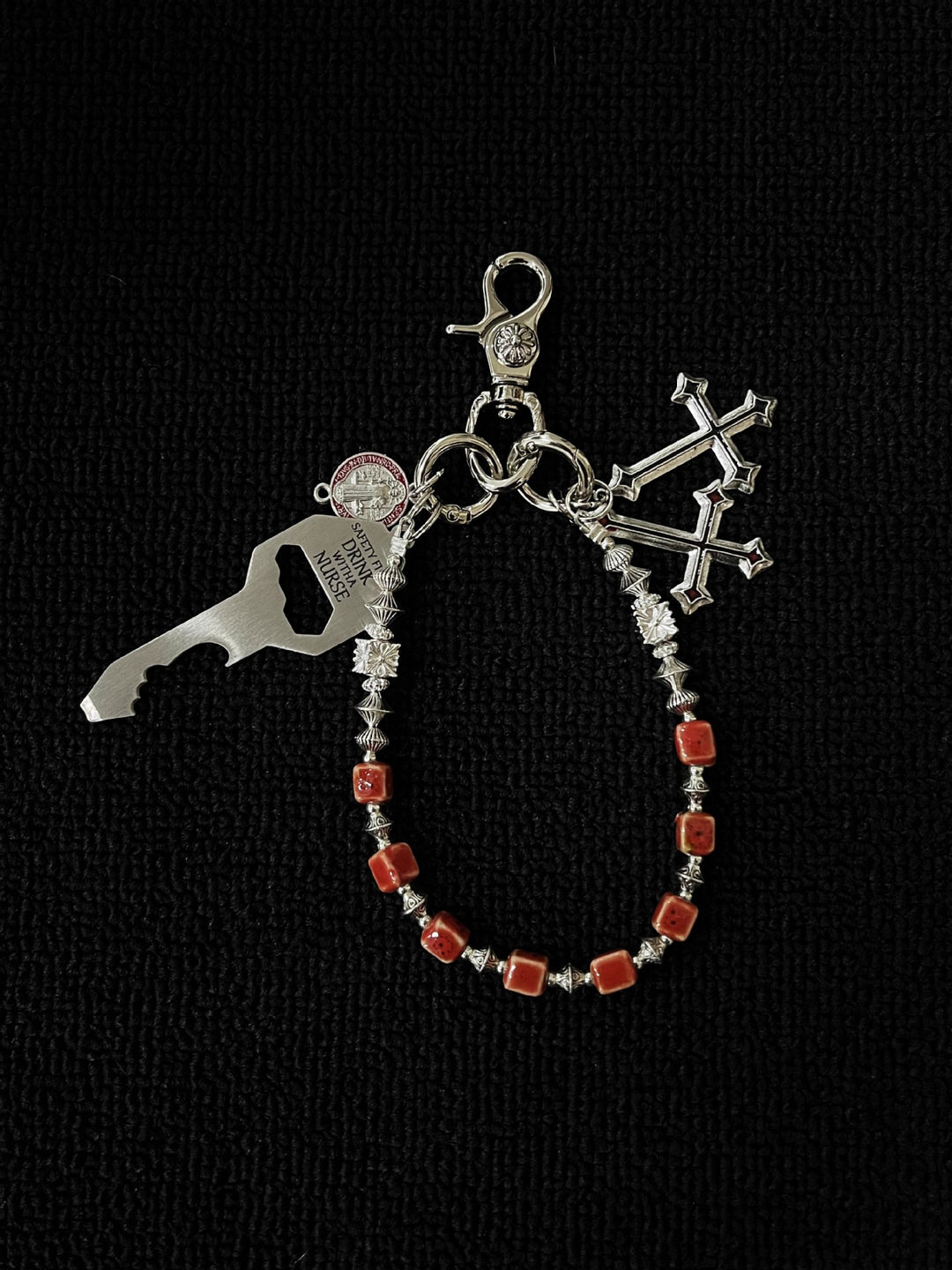 Vintage Blue Ceramic Bead Keychain with Cross Charms