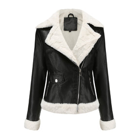 Autumn and winter fleece leather women's warm long-sleeved lapel coat jacket