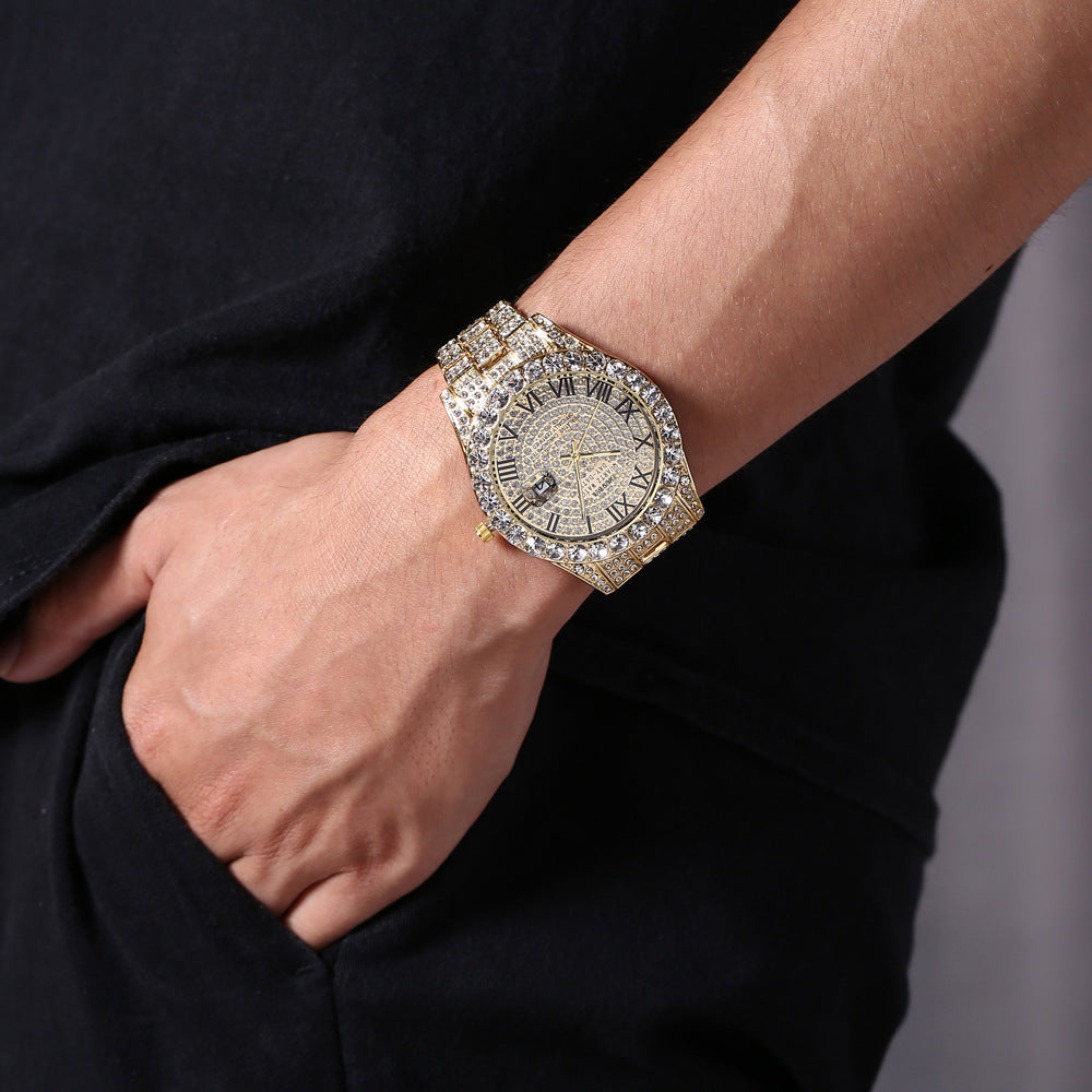 Fully Jeweled, Steel-Band, Calendar Quartz Watch