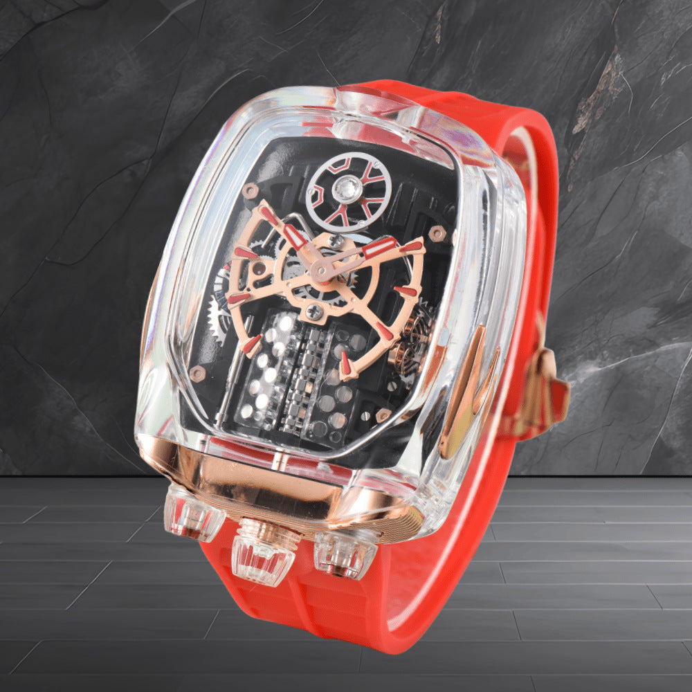 W16 Engine-Style Watch with Sparkling Transparent Crystal Case