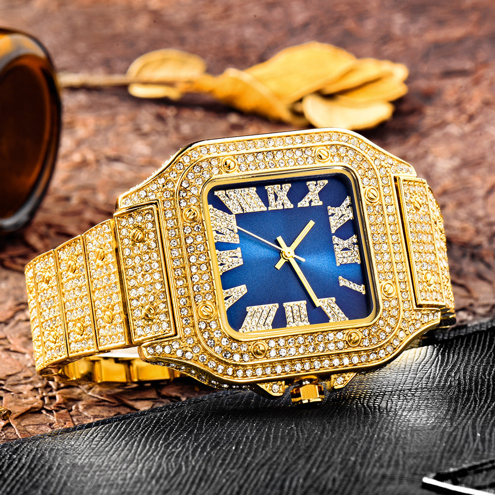 Roman Dial Marker High-End Hip Hop Style Diamond-Studded Square Watch