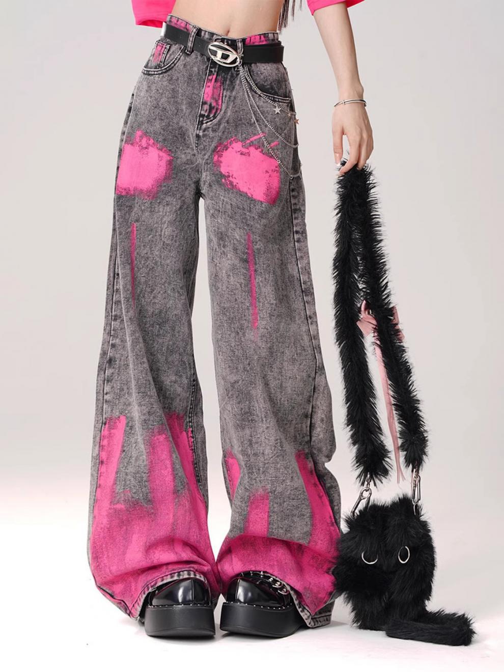 Graffiti print straight-leg floor-length jeans