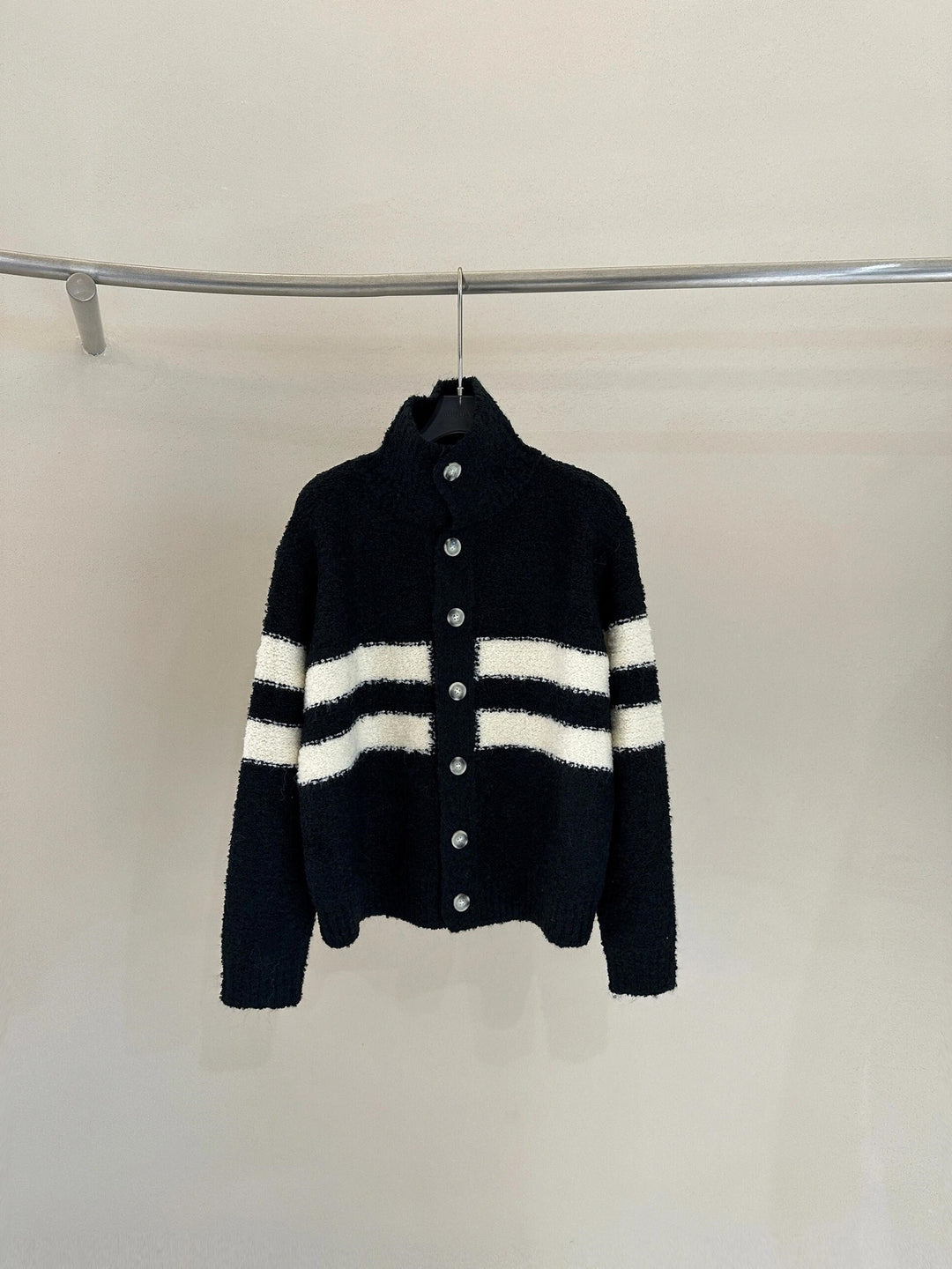 Knitted Cardigan & Color-Block Striped Faux Lambswool Shorts Set