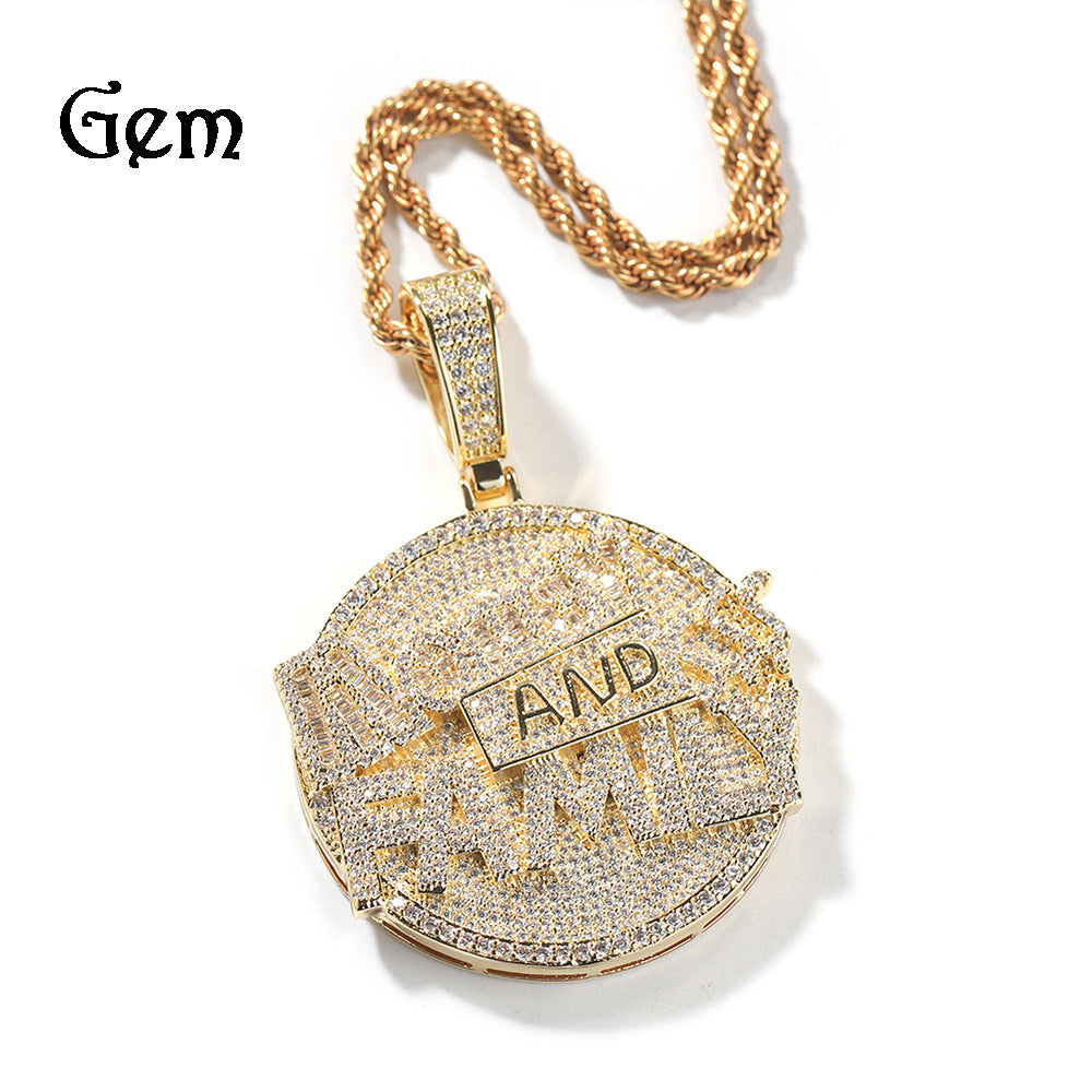 "Money and Family" letter pendant round disc necklace