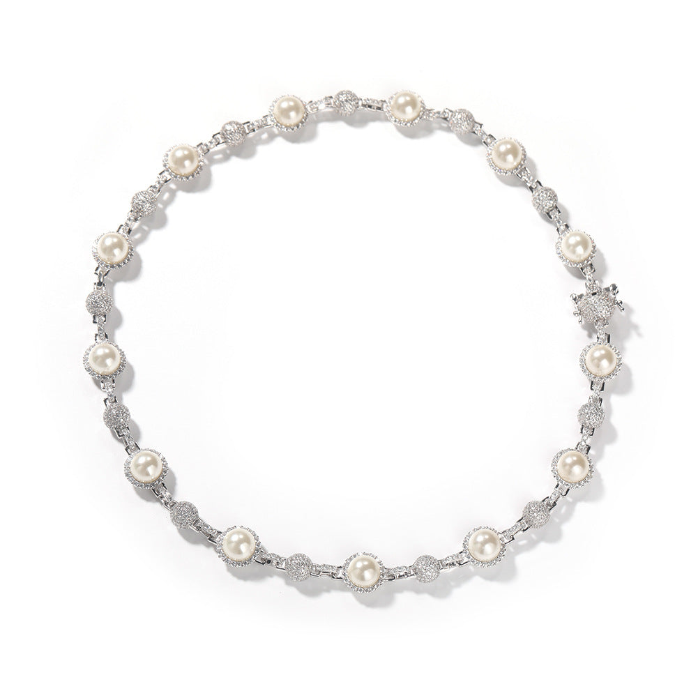 Hip-Hop Silver Pearl Necklace with Diamond Accents