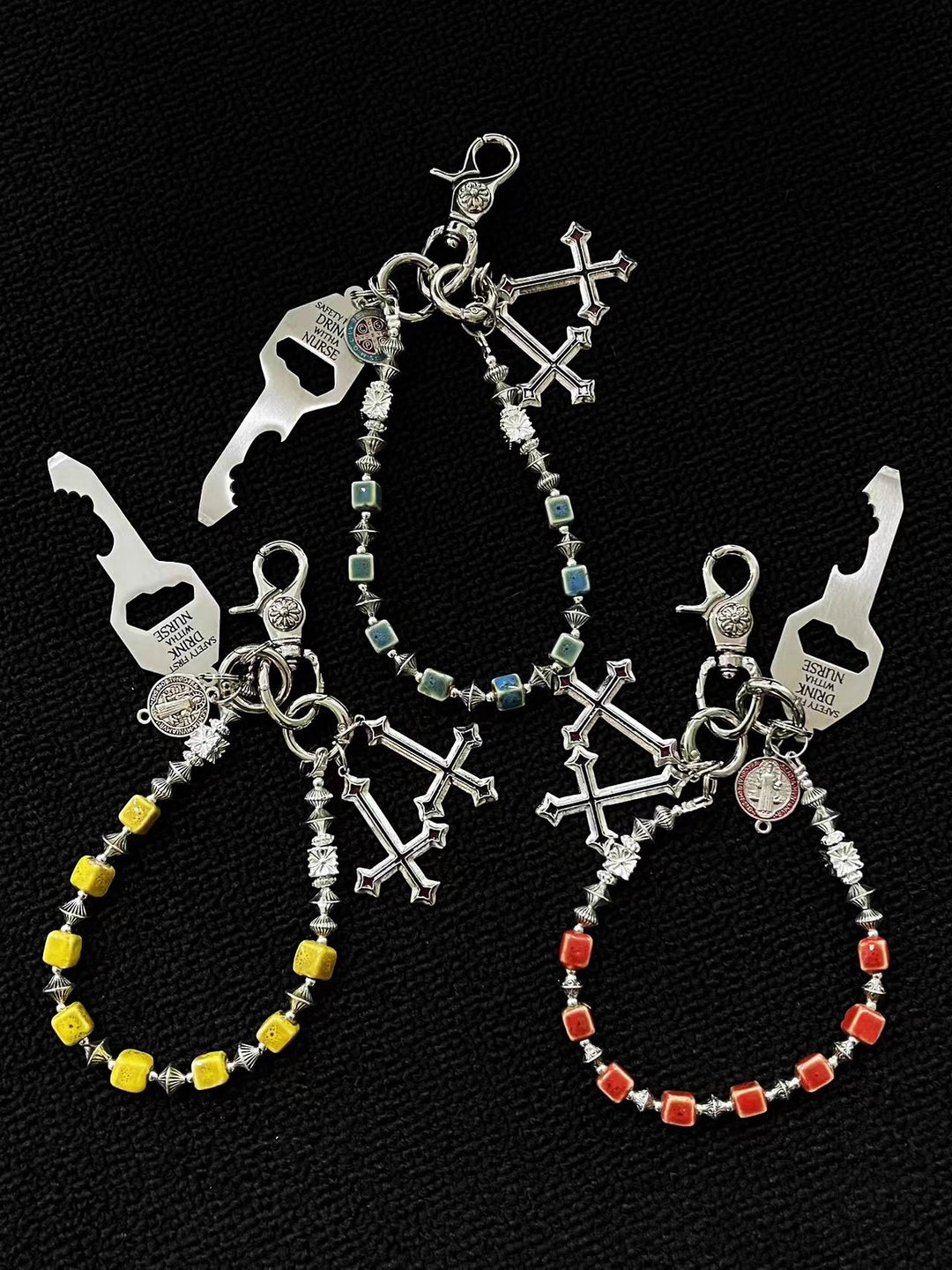 Vintage Blue Ceramic Bead Keychain with Cross Charms
