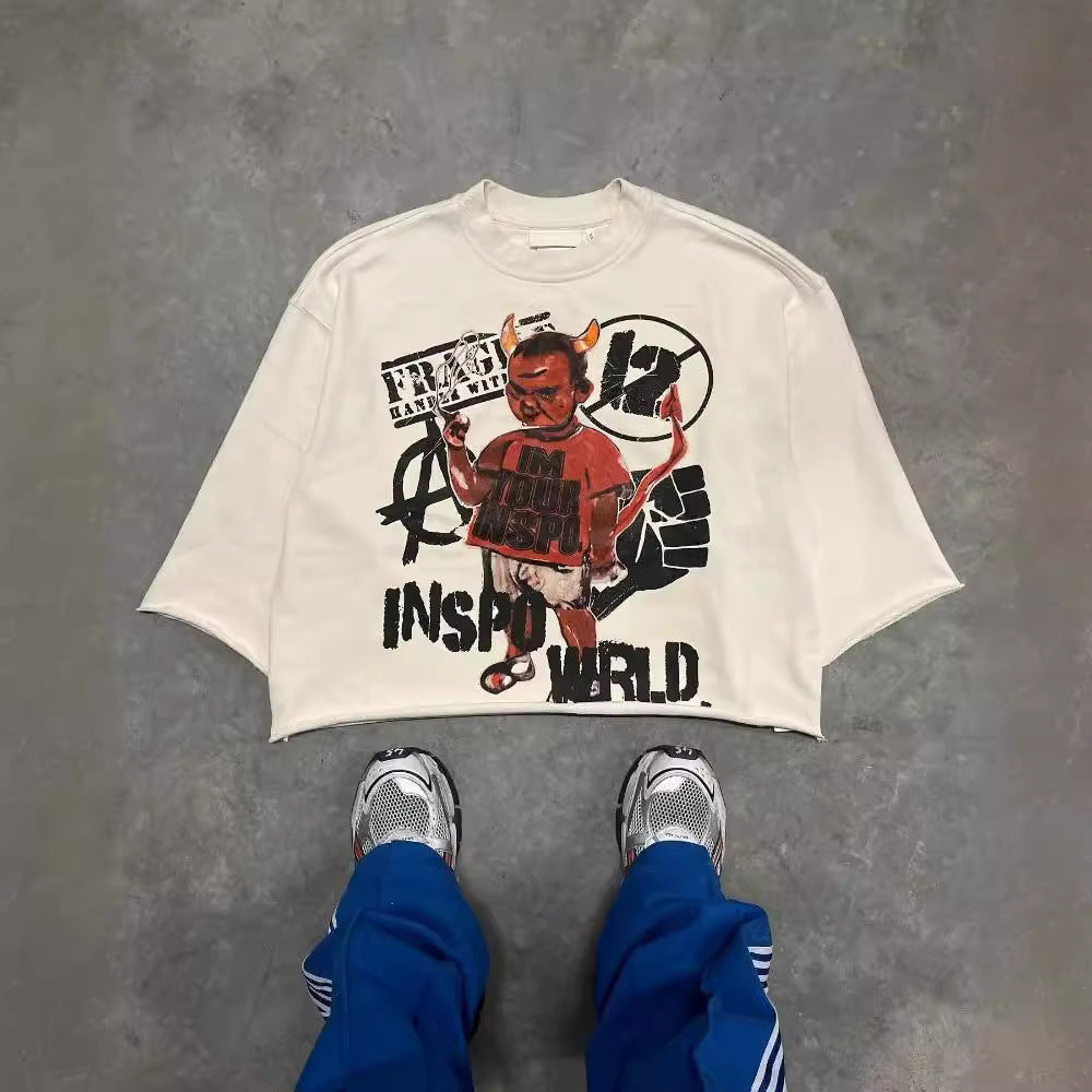 Graffiti print trendy T-shirt, three-quarter sleeve top