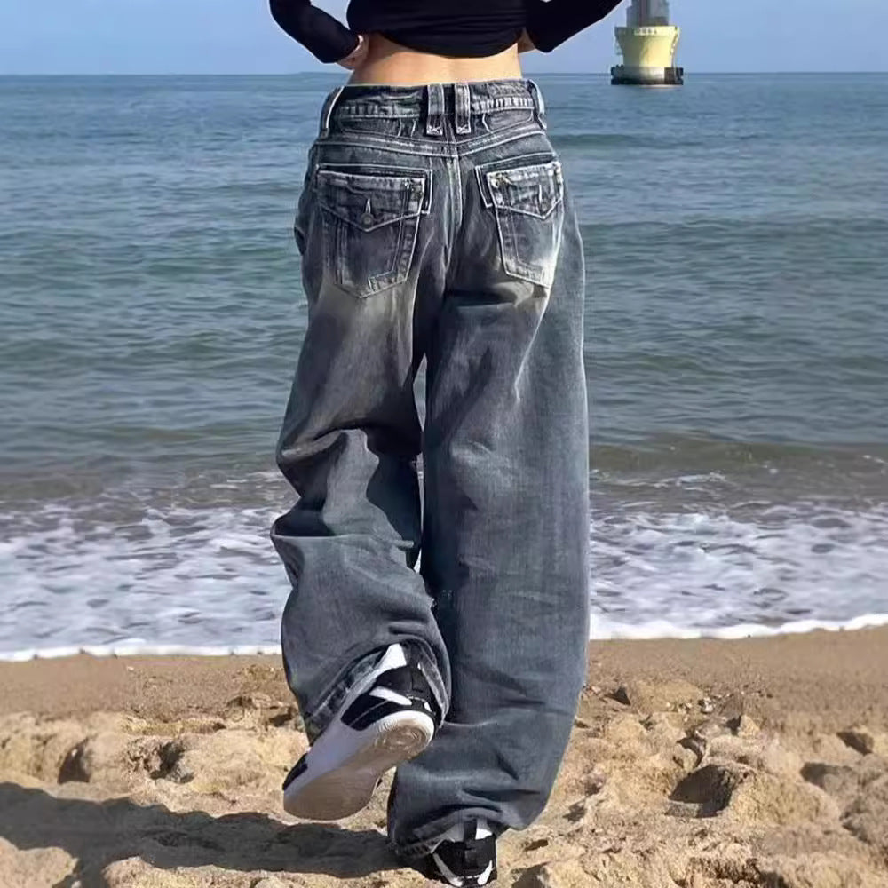 Washed High-Waisted Floor-Length Wide-Leg Jeans for Women