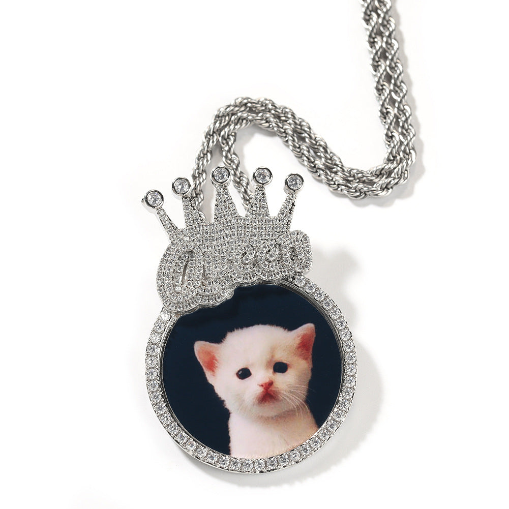 Custom Crown Round Photo Diamond Pendant Hip Hop Necklace