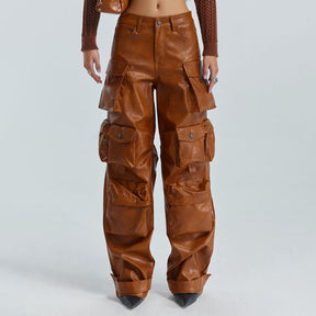 Multi-pocket overalls leather pants personality loose overalls