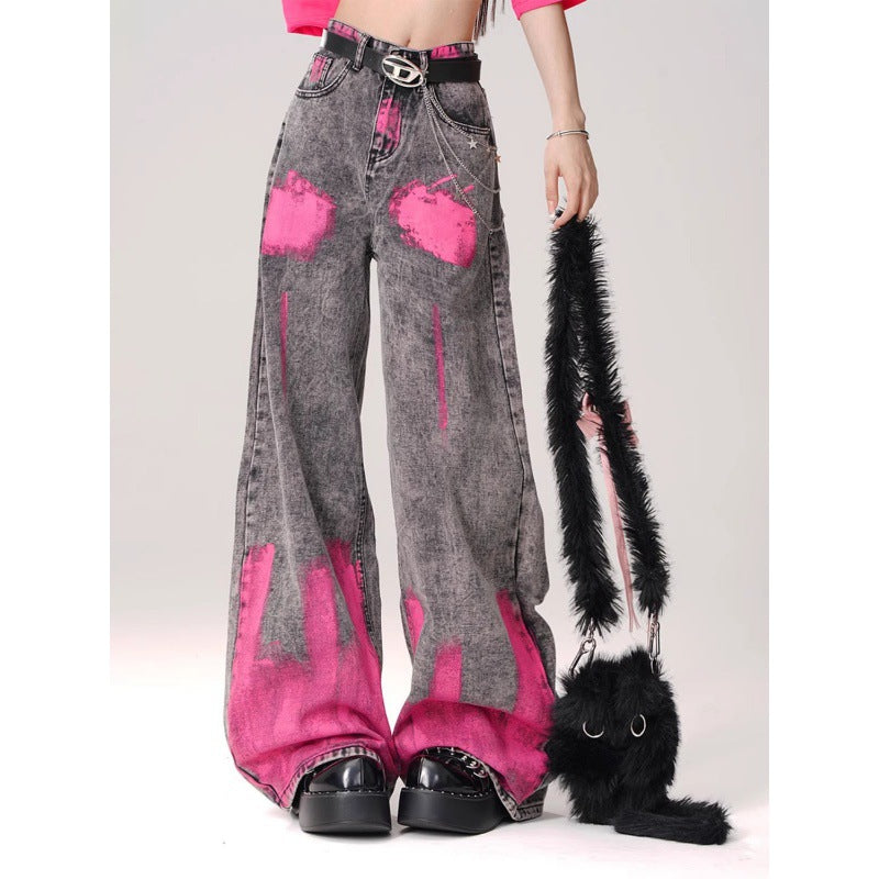 Graffiti print straight-leg floor-length jeans