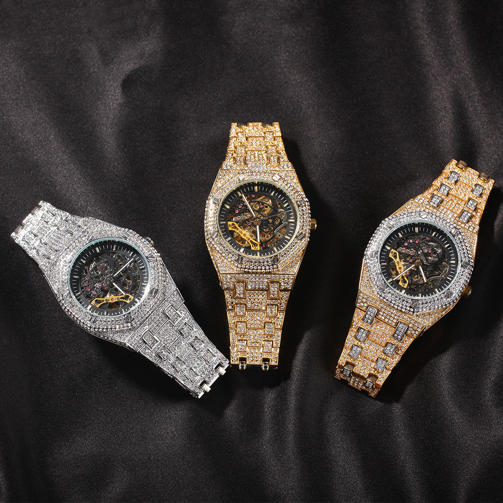Hip Hop Full Diamond Skeleton Mechanical Watch
