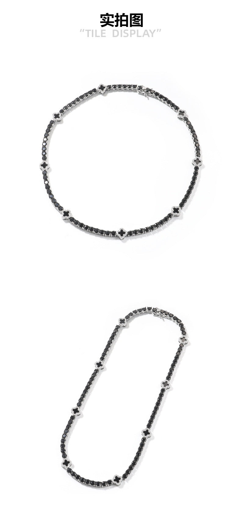 Silver Black Buckle Four-Leaf Clover Tennis Chain Necklace