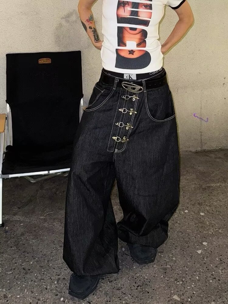 "Aircraft Buckle" Raw-Hem Curved-Leg Jeans