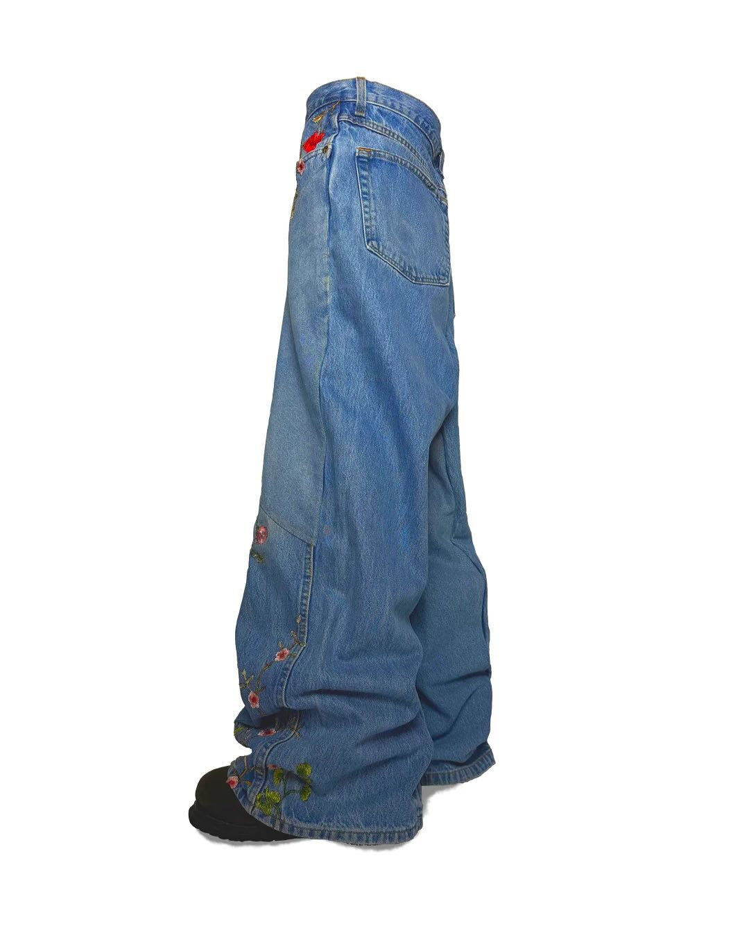 Y2K Loose-Fit Wide-Leg Patchwork Jeans with Floral Embroidery