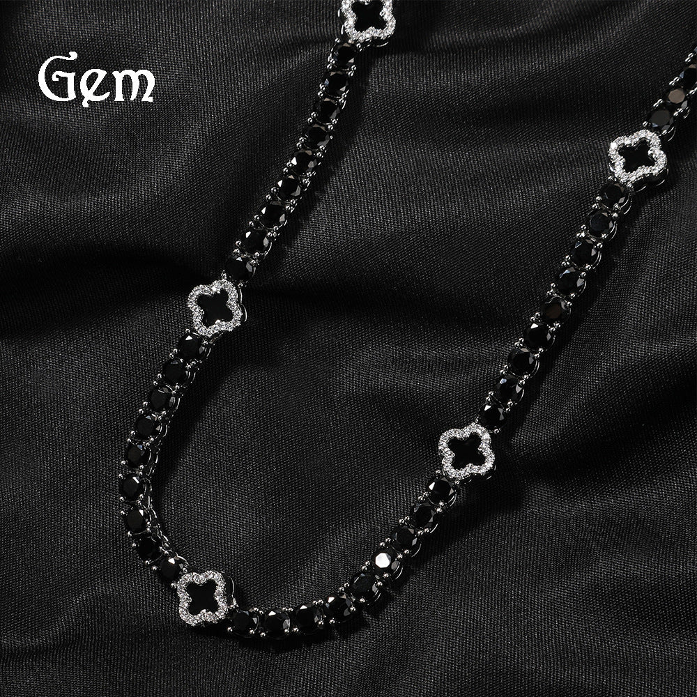 Silver Black Buckle Four-Leaf Clover Tennis Chain Necklace