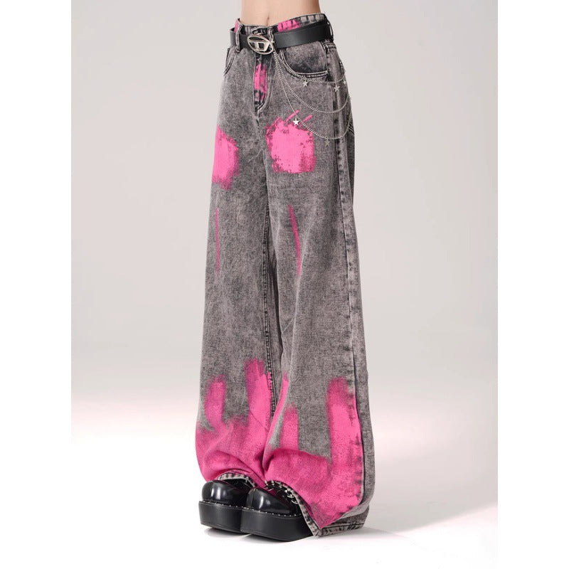 Graffiti print straight-leg floor-length jeans