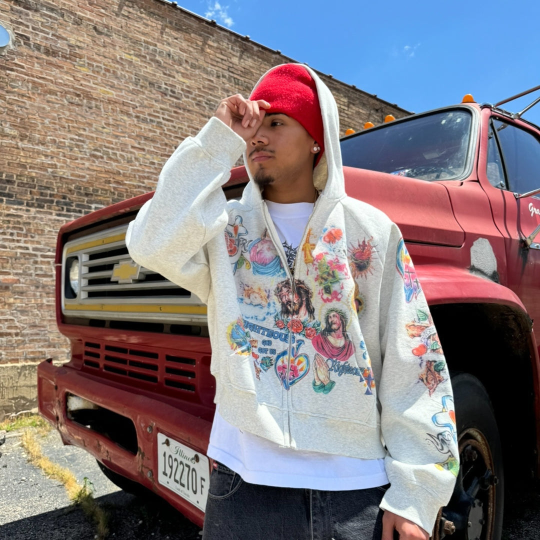 RIGHTEOUS Jesus Cross Cartoon Hooded Zip-up Sweatshirt