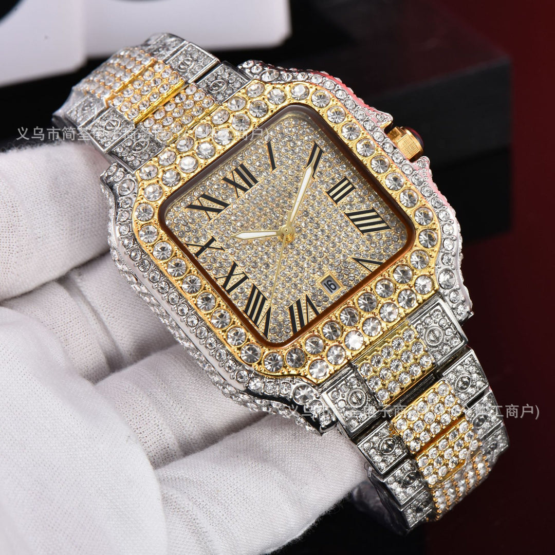 Luxury Diamond-Studded Watch with Classic Roman Dial