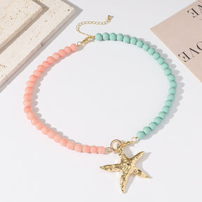starfish necklace glass beaded red green necklace