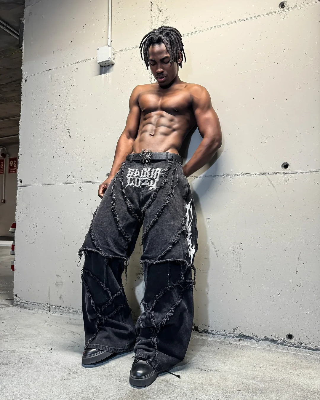 Paneled, Loose-Fit, Embroidered, and Fur-Trimmed Denim Jeans