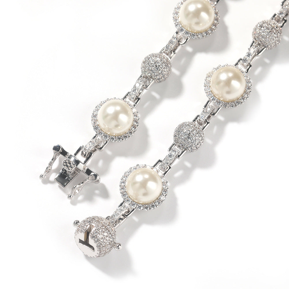 Hip-Hop Silver Pearl Necklace with Diamond Accents