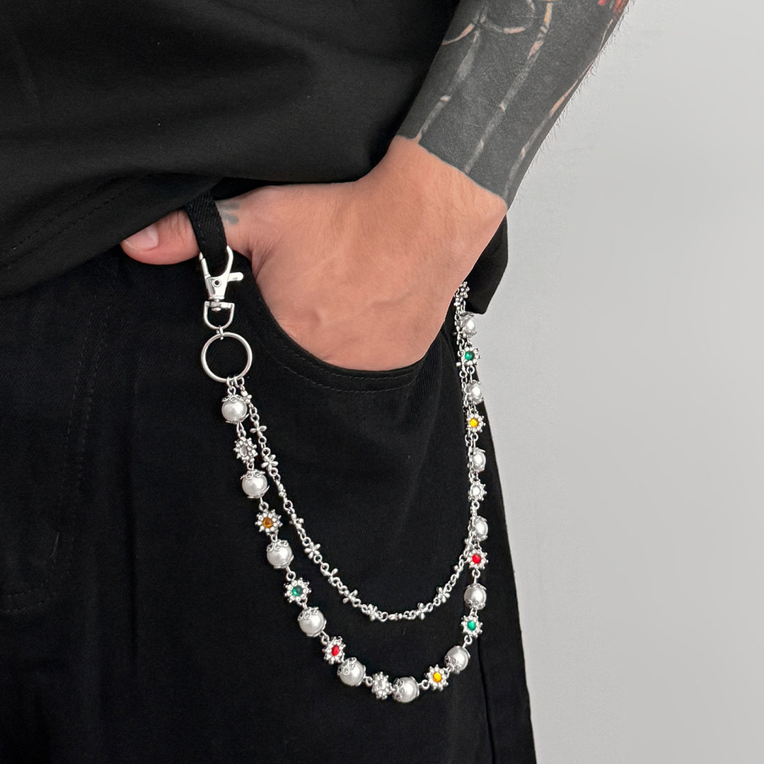 Pearl, Multi-Gemstone, Cross & Floral Pant Chain