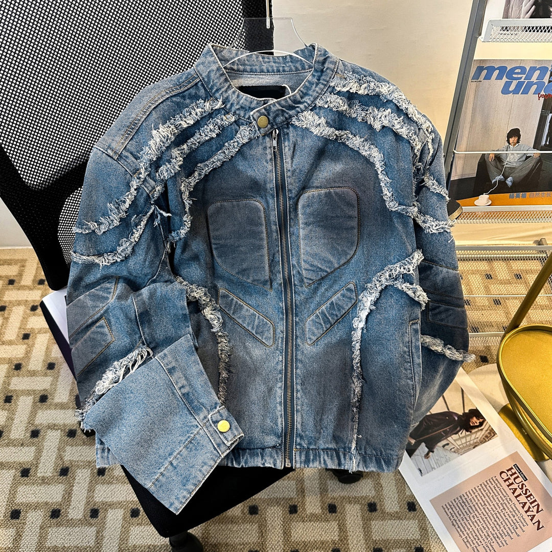 Embossed Raw-Hem Padded-Shoulder Denim Jacket