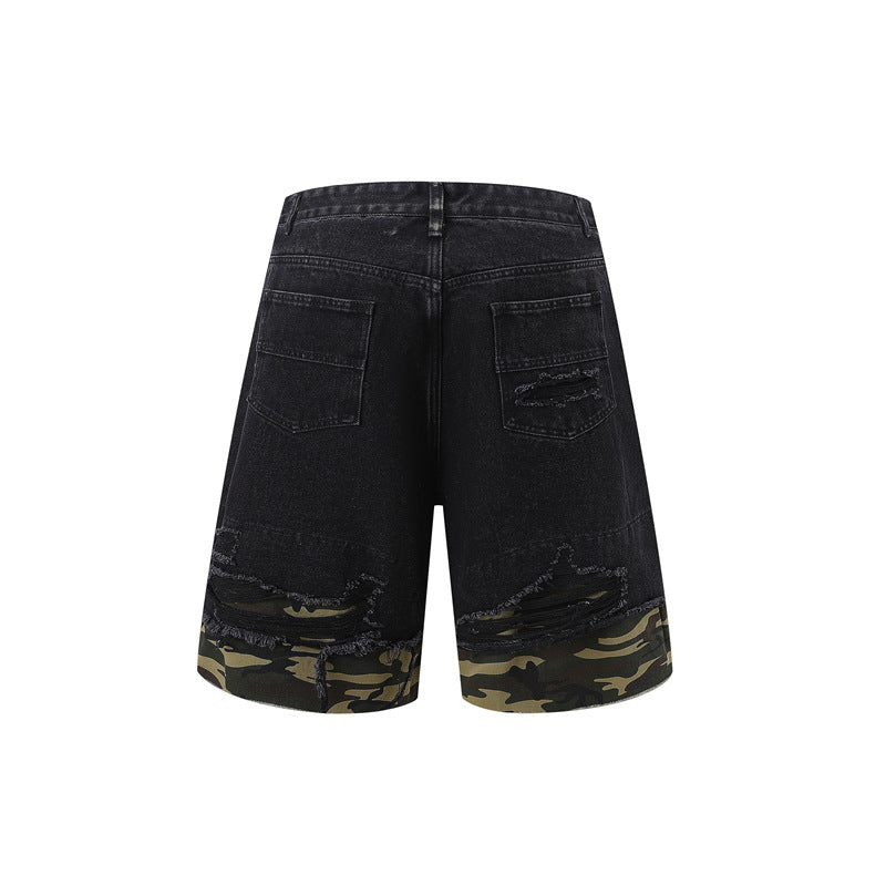 Raw-Hem Leopard-Print Patchwork Denim Shirt & Shorts Set