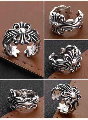 S925 sterling silver chrome hearts cross flower retro open ring