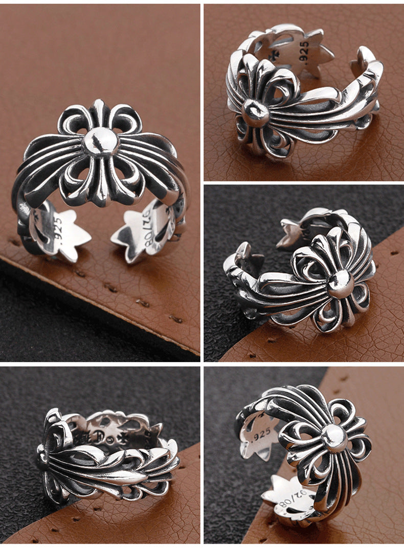 S925 sterling silver chrome hearts cross flower retro open ring