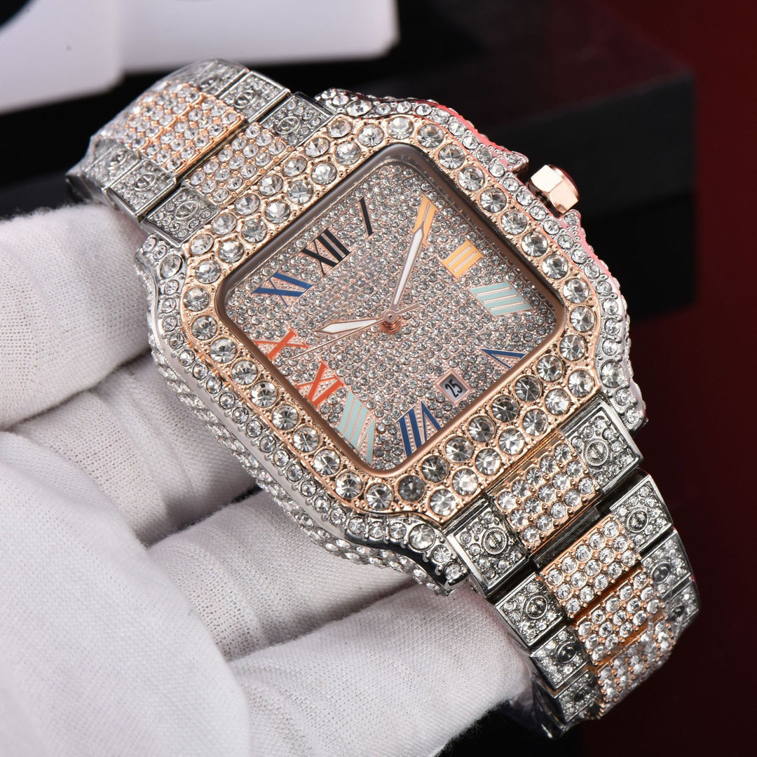 Luxury Diamond-Studded Watch with Classic Roman Dial