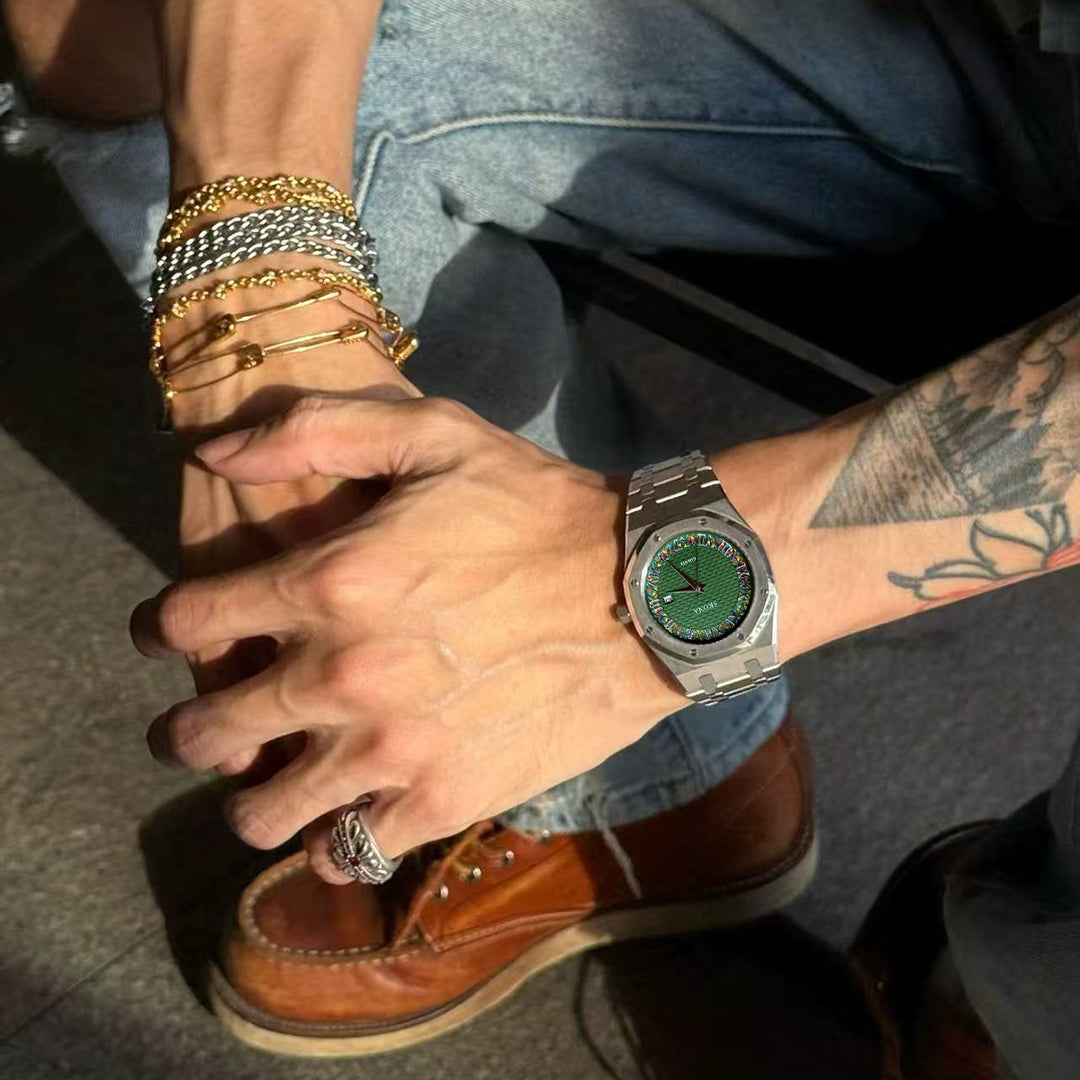 Stainless Steel Watch with Octagonal Bezel and Rainbow Roman Numerals