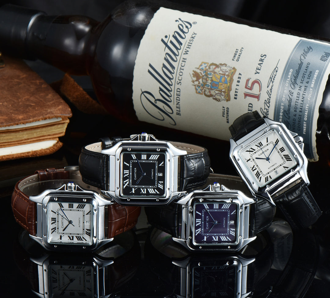 Leather Strap, Three-Hand Quartz Watch with Square Case